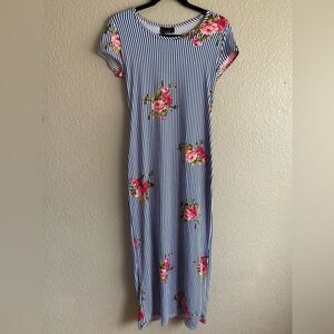 Discreet Blue Stripe Floral Maxi Dress Size S